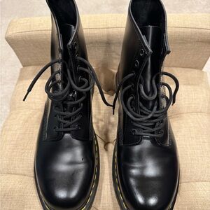 Dr. Martens Black Leather Boots with Yellow Stitching
